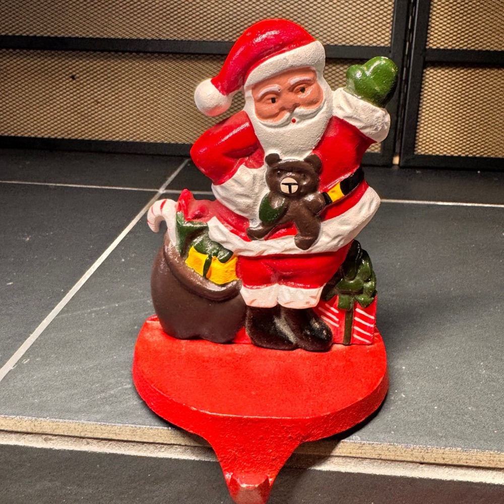 Vintage Cast Iron Santa Claus Christmas Stocking Holder Figurine Red Teddy Bear